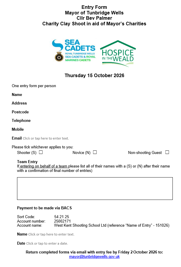 Mayor of Tunbridge Wells Charity Clay Shoot - Thursday 15 October 2026